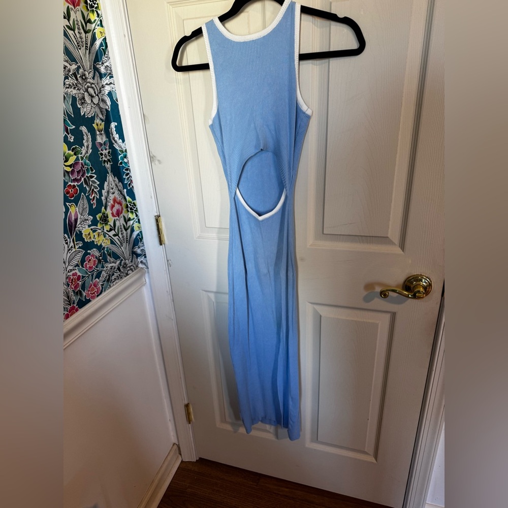 Santorini Blue Cutout Crew Neck Sleeveless Tank Slit Ribbed Bodycon Midi Dress - Picture 5 of 7